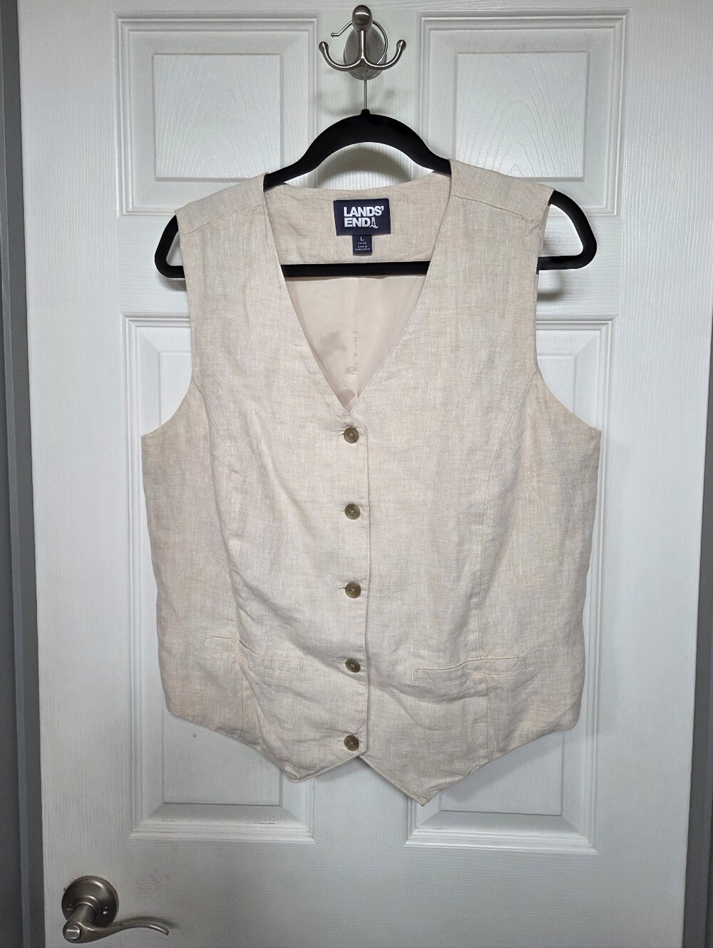 Lands' End Neutral Beige Linen Vest Resortwear Contemporary Summer Size Large